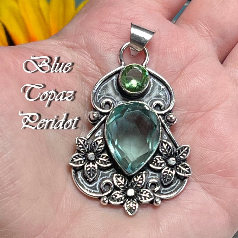 Blue Topaz Peridot Pendant Gemstone Handmade Statement 925 Silver Boho Ethnic - Picture 8 of 8